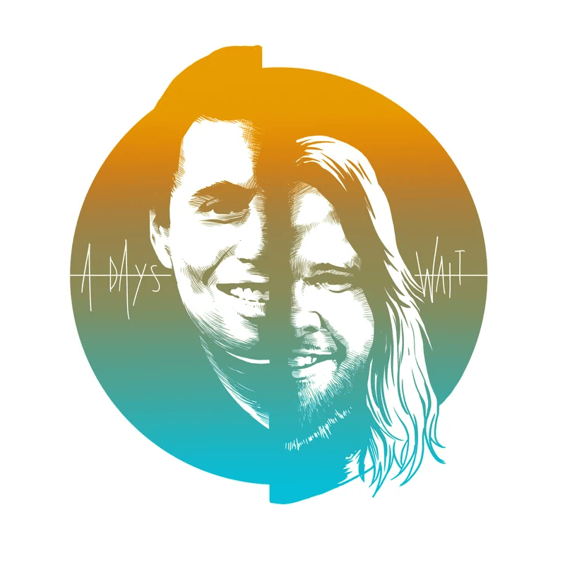 Graphic illustration featuring two faces split down the middle, with an orange and teal gradient background. The left side shows a man with a short hairstyle and a smile, while the right side depicts a man with long hair and a friendly expression. The text 'A Days' is on the left and 'Wait' is on the right.